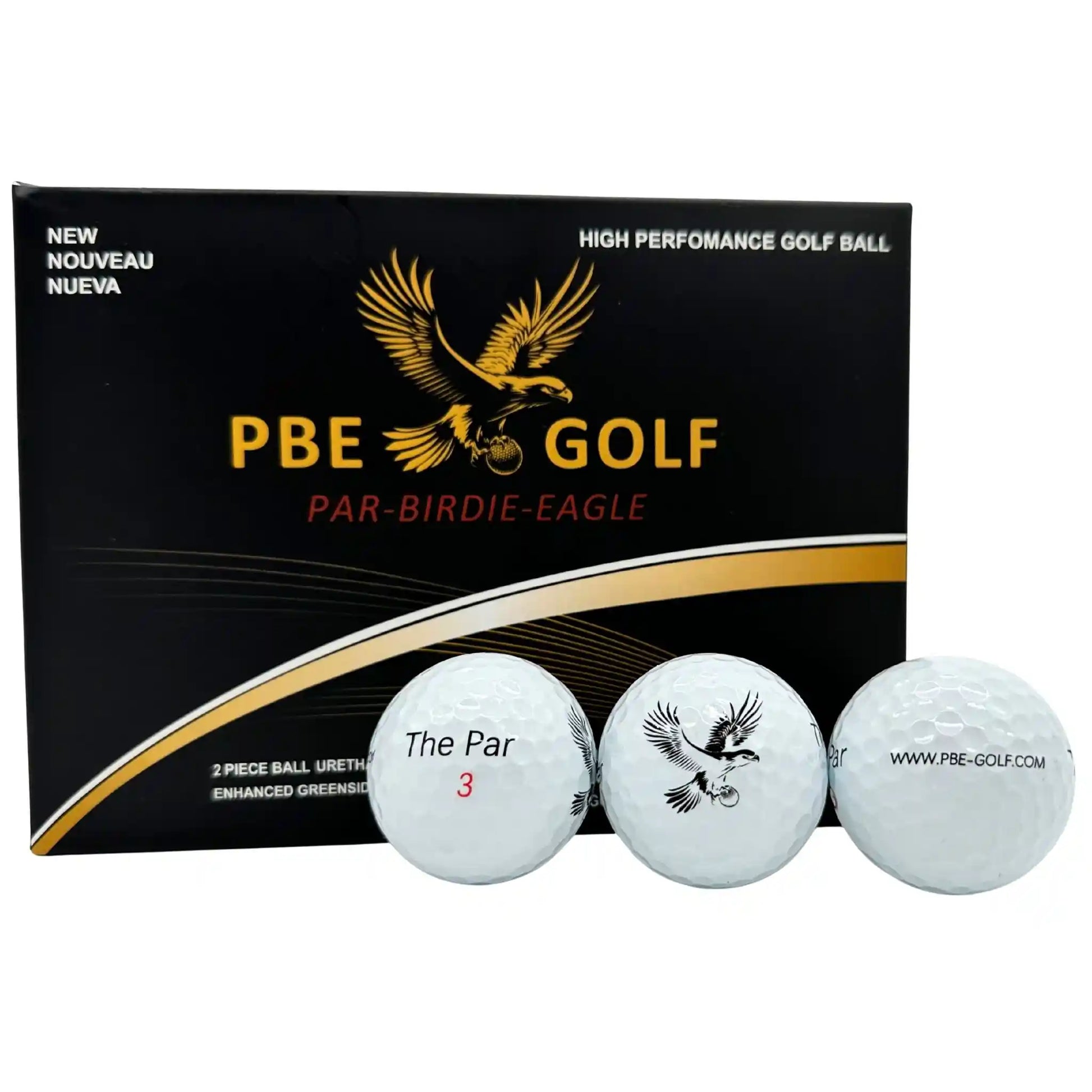 PBE Golf packaging with golf balls displayed in front