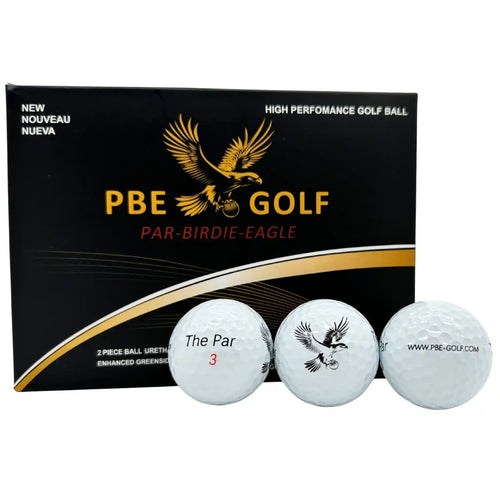 PBE Golf packaging with golf balls displayed in front