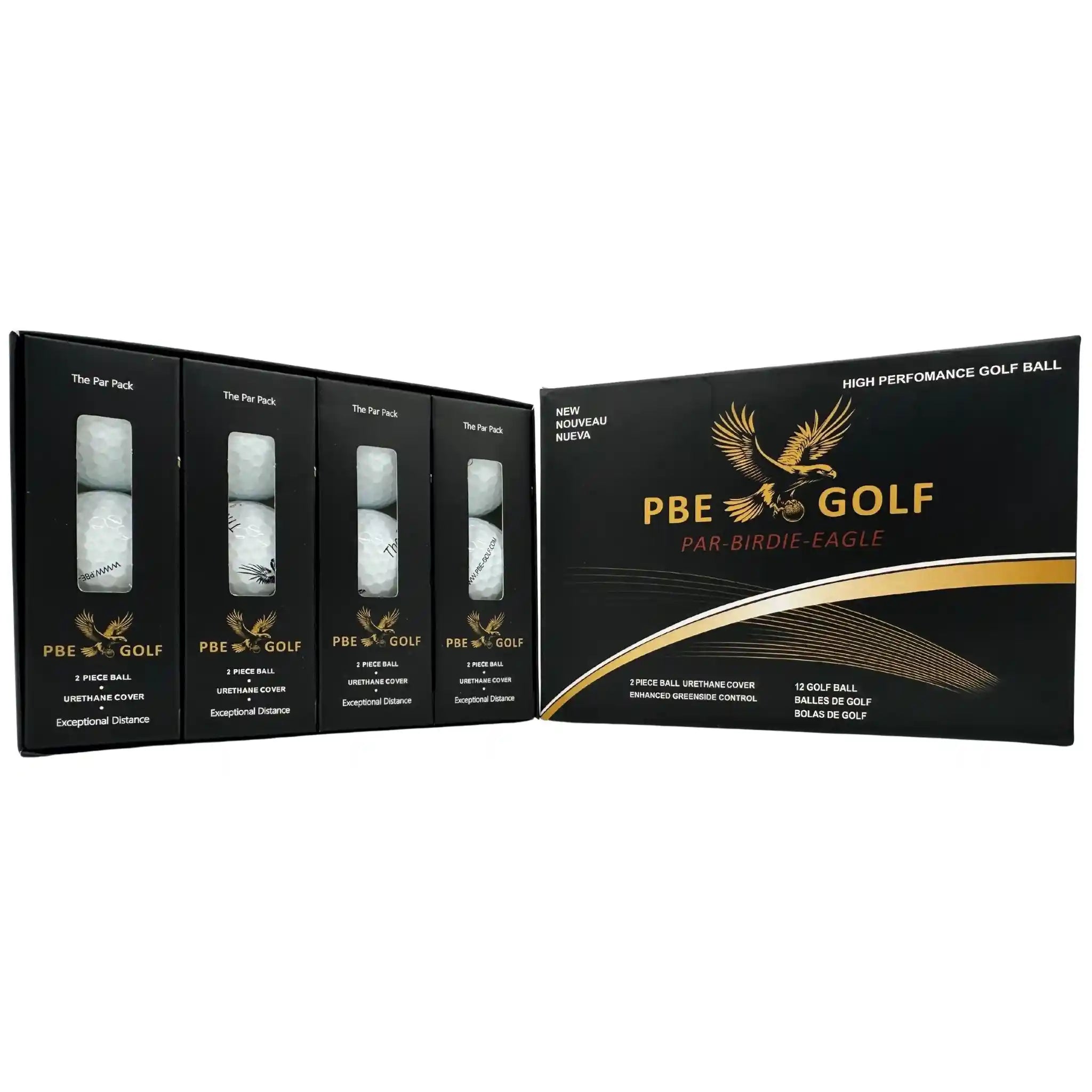 PBE Golf packaging with golf balls inside on a white background