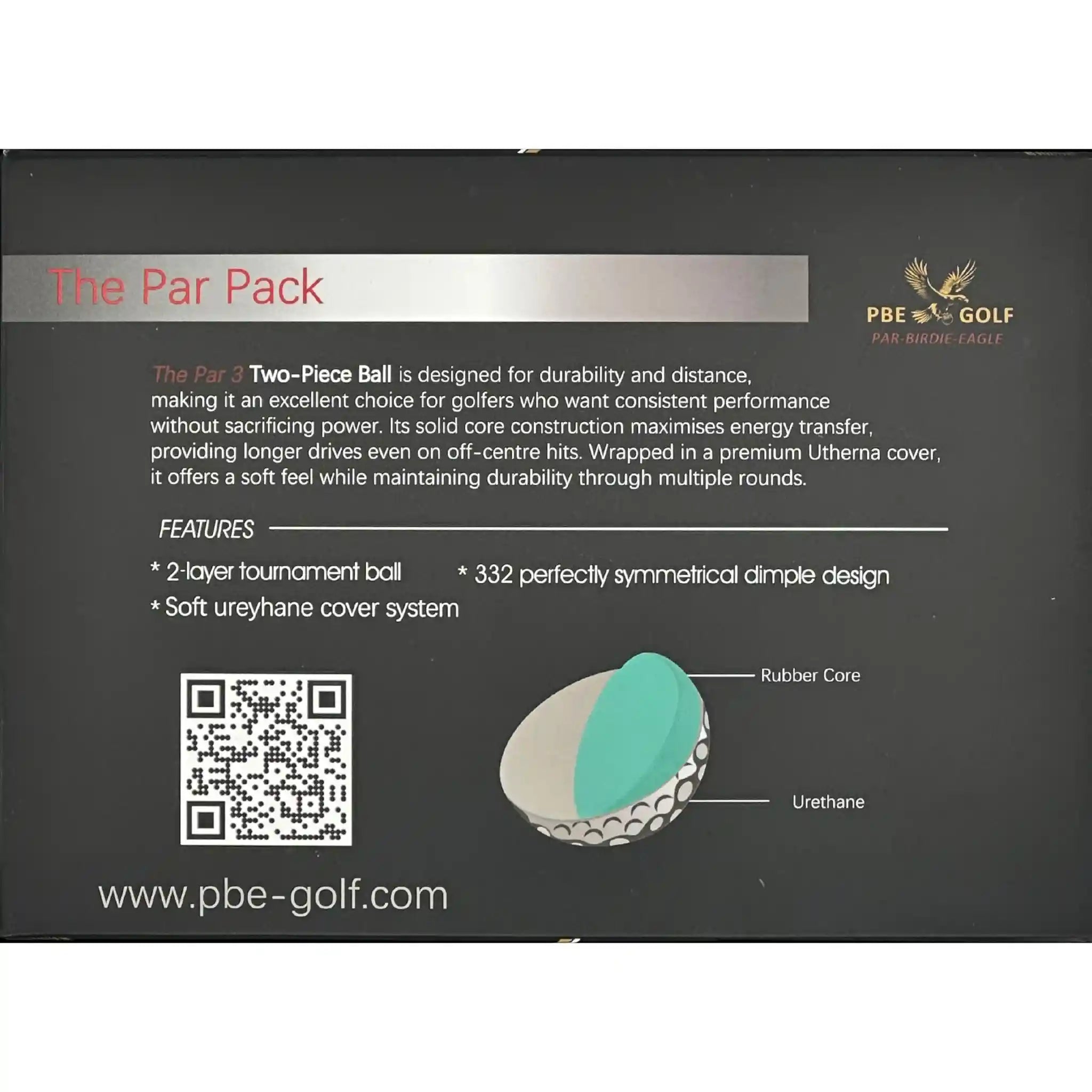 PBE Golf Par Pack golf ball packaging with product description and features.