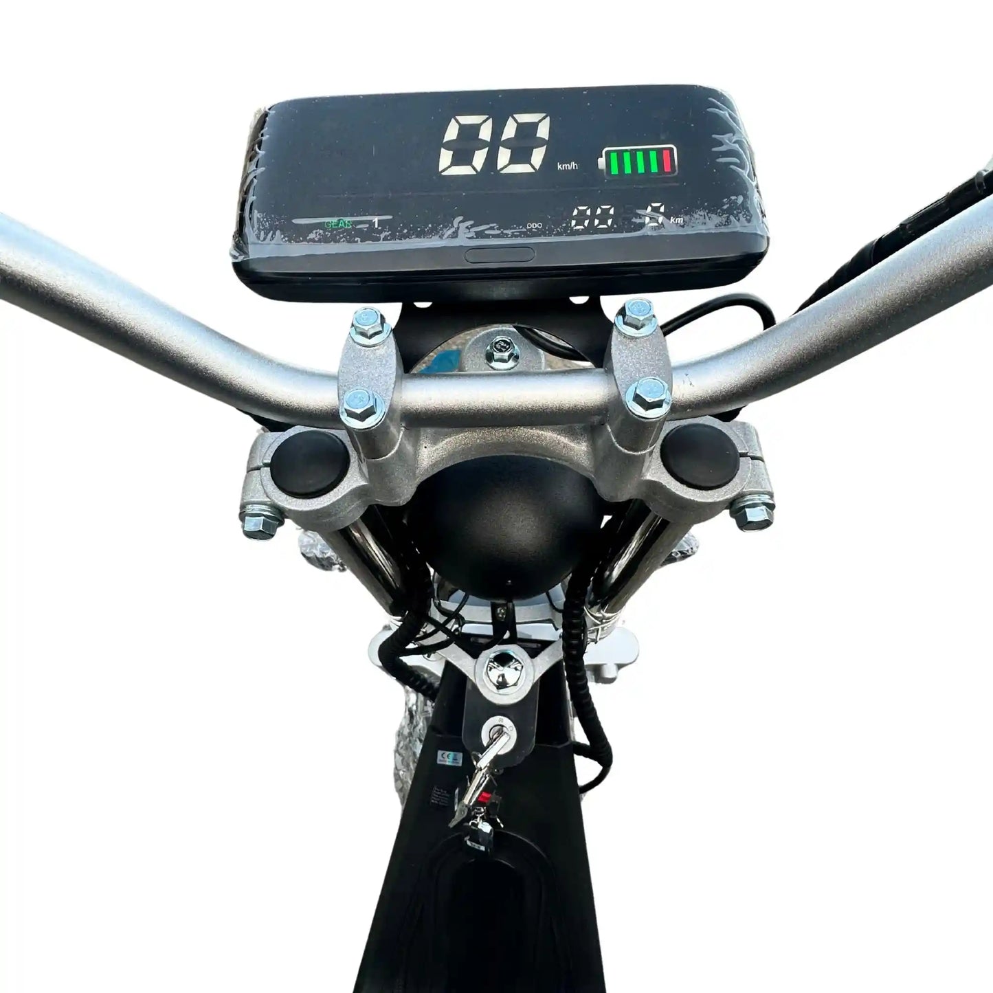 Close-up of a motorcycle handlebar with a digital display on a white background