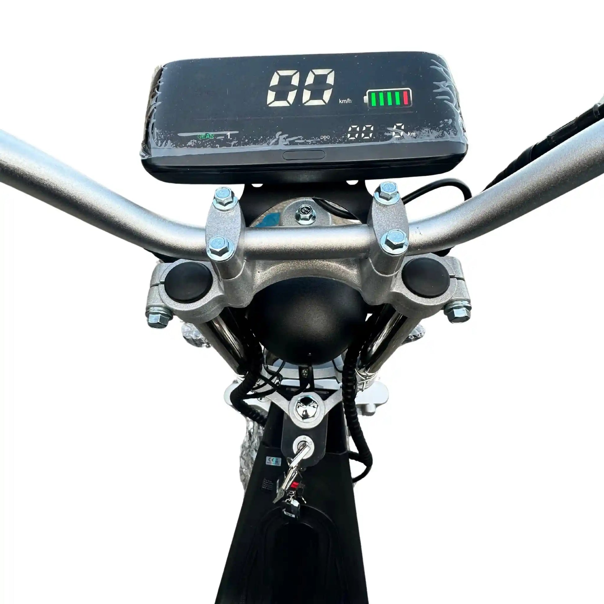 Close-up of a motorcycle handlebar with a digital display on a white background