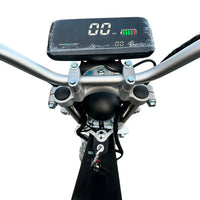 Close-up of a motorcycle handlebar with a digital display on a white background