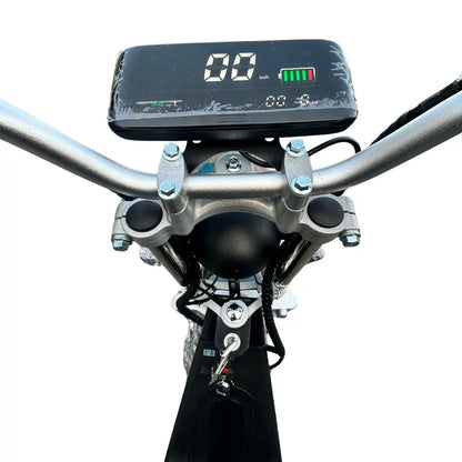 Close-up of a motorcycle handlebar with a digital display on a white background