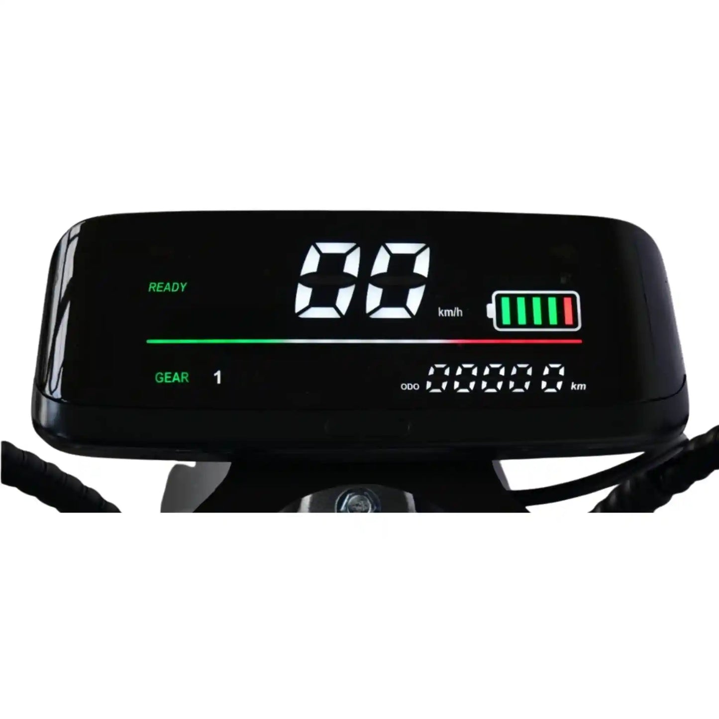 Digital display on a motorcycle with speedometer and battery indicator.