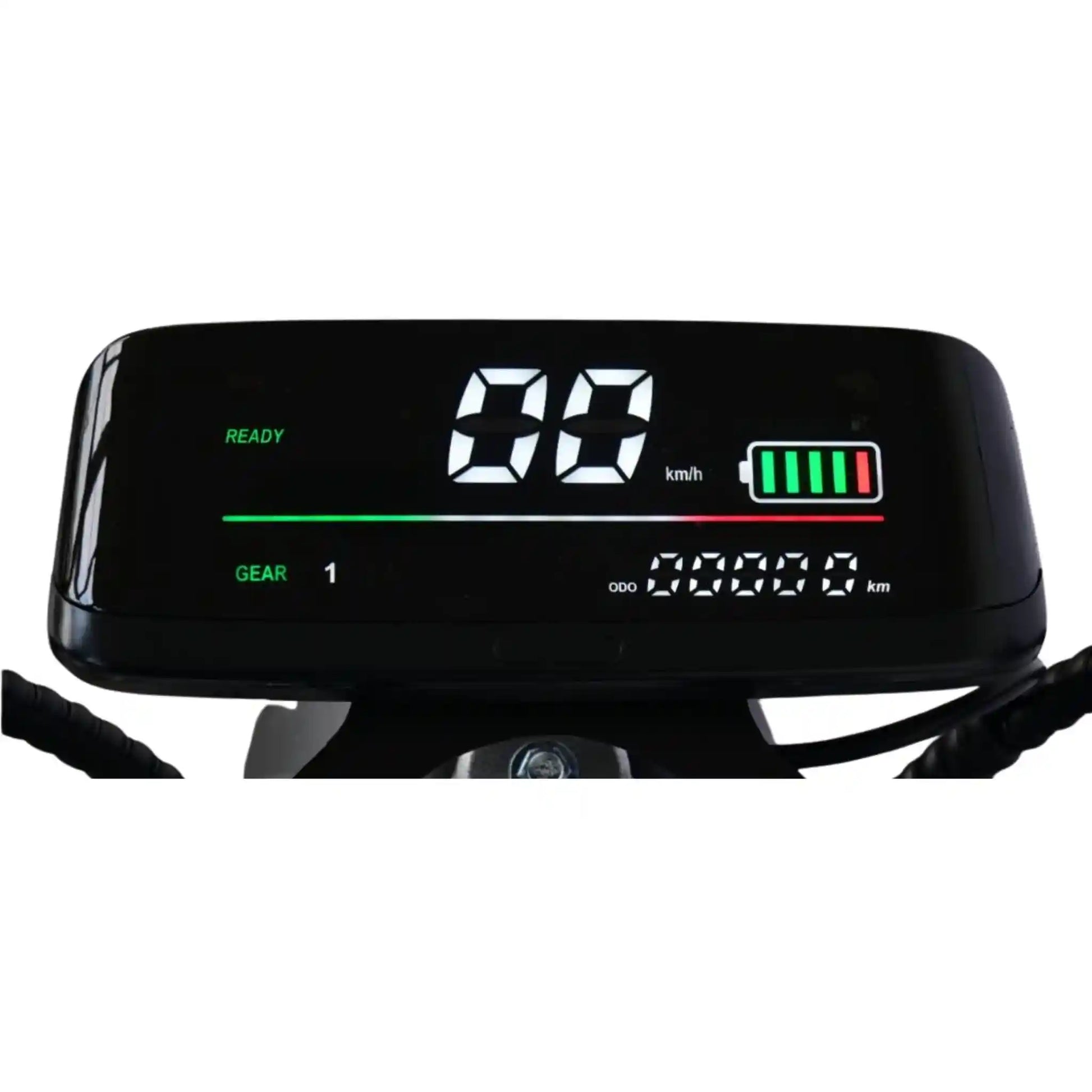 Digital display on a motorcycle with speedometer and battery indicator.