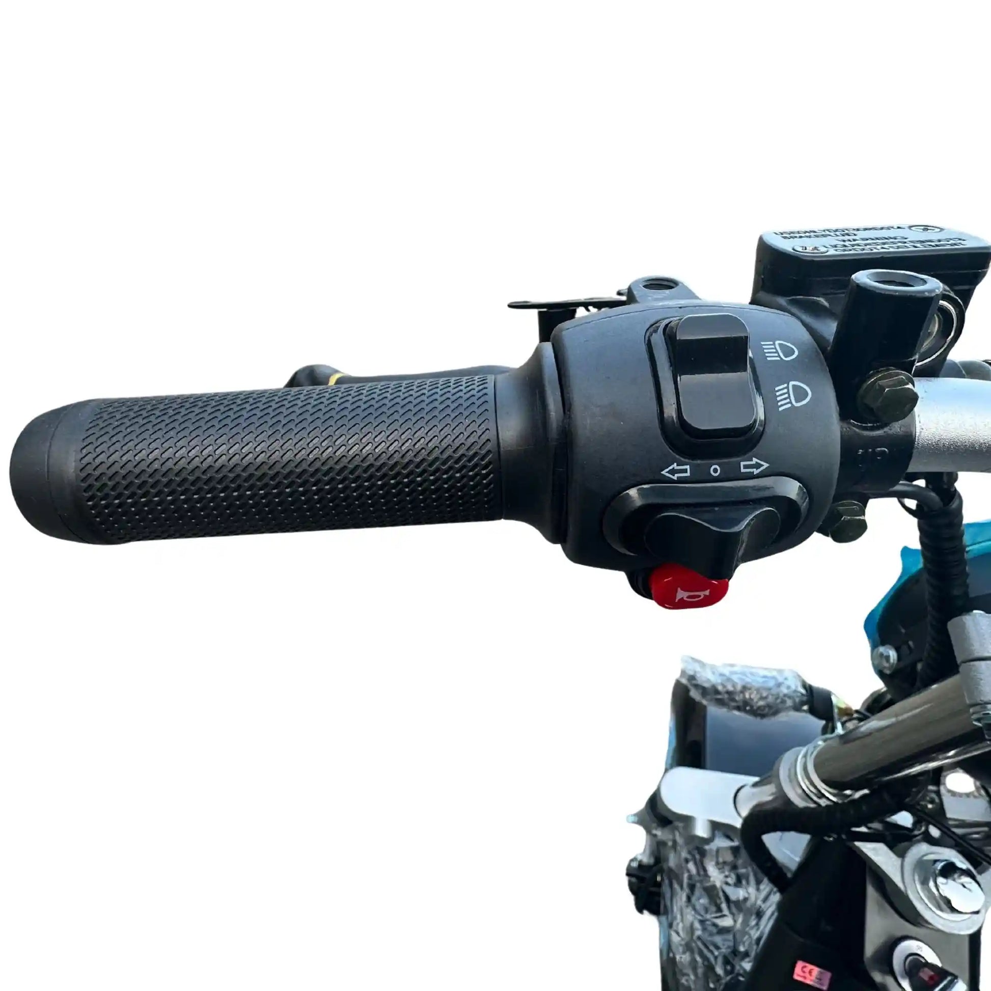Close-up of a motorcycle handlebar with controls on a white background