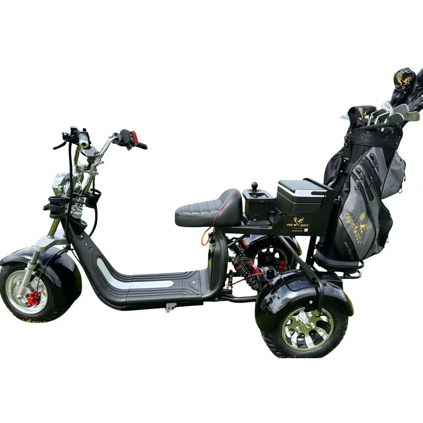 Black three-wheeled scooter on a white background
