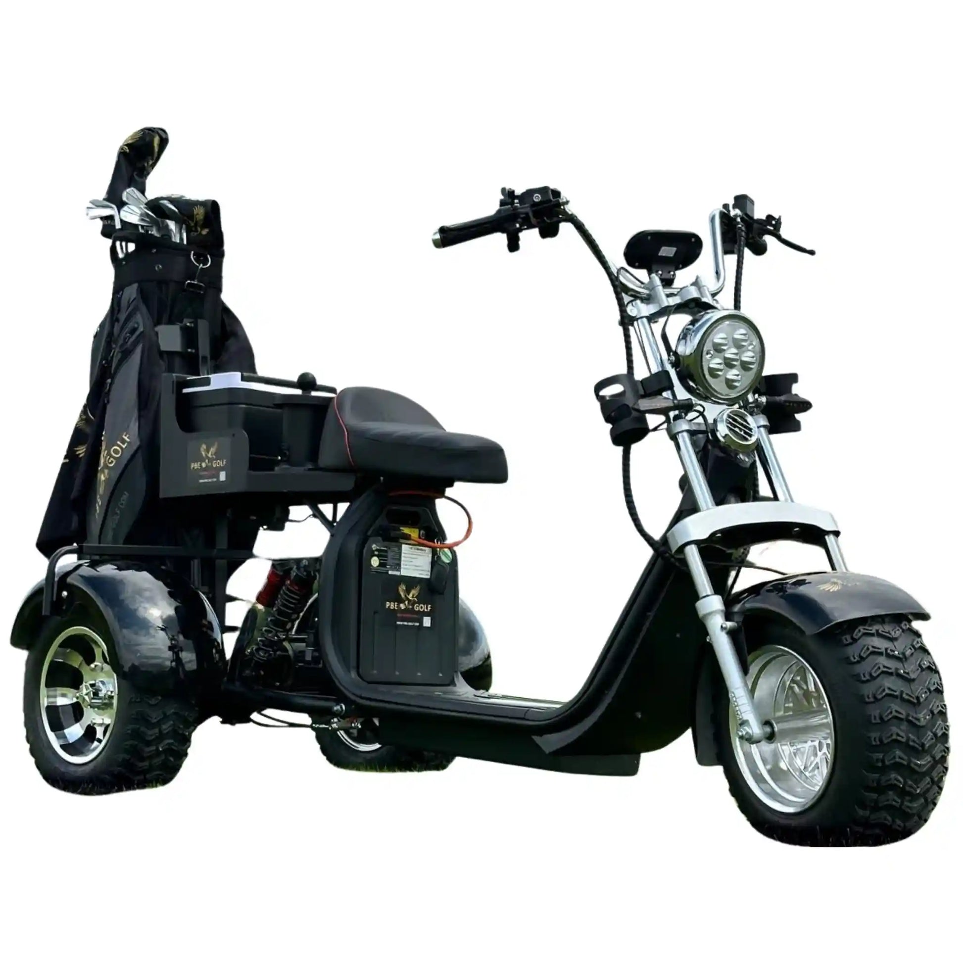 Black three-wheeled scooter with golf bag attachment on a white background