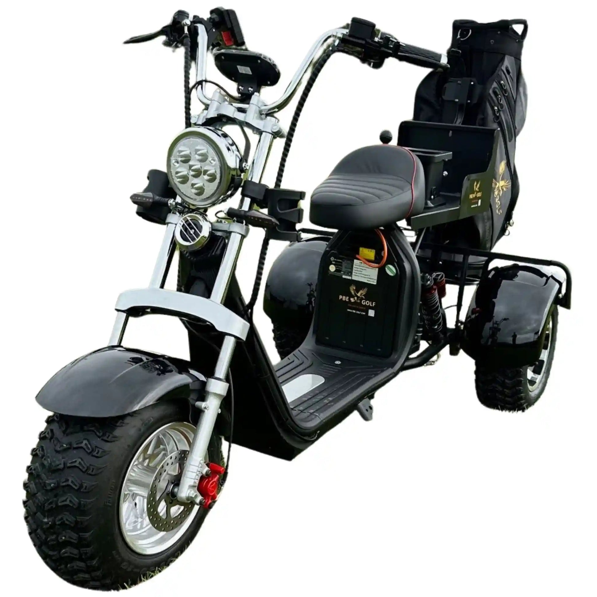 Black electric scooter with a seat on a white background