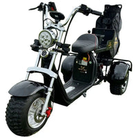 Black electric scooter with a seat on a white background
