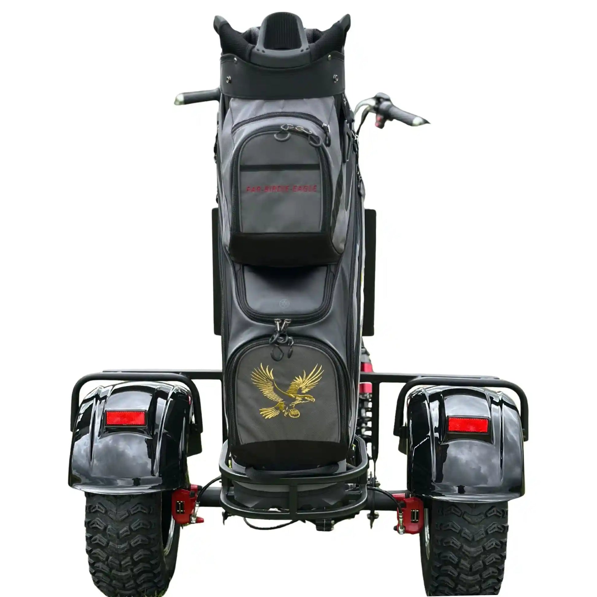 Golf trolley with a black bag featuring an eagle logo on a white background
