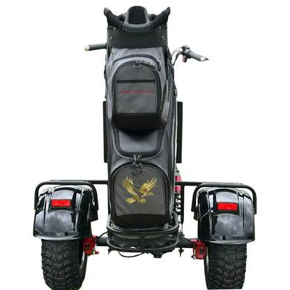 Golf trolley with a black bag featuring an eagle logo on a white background
