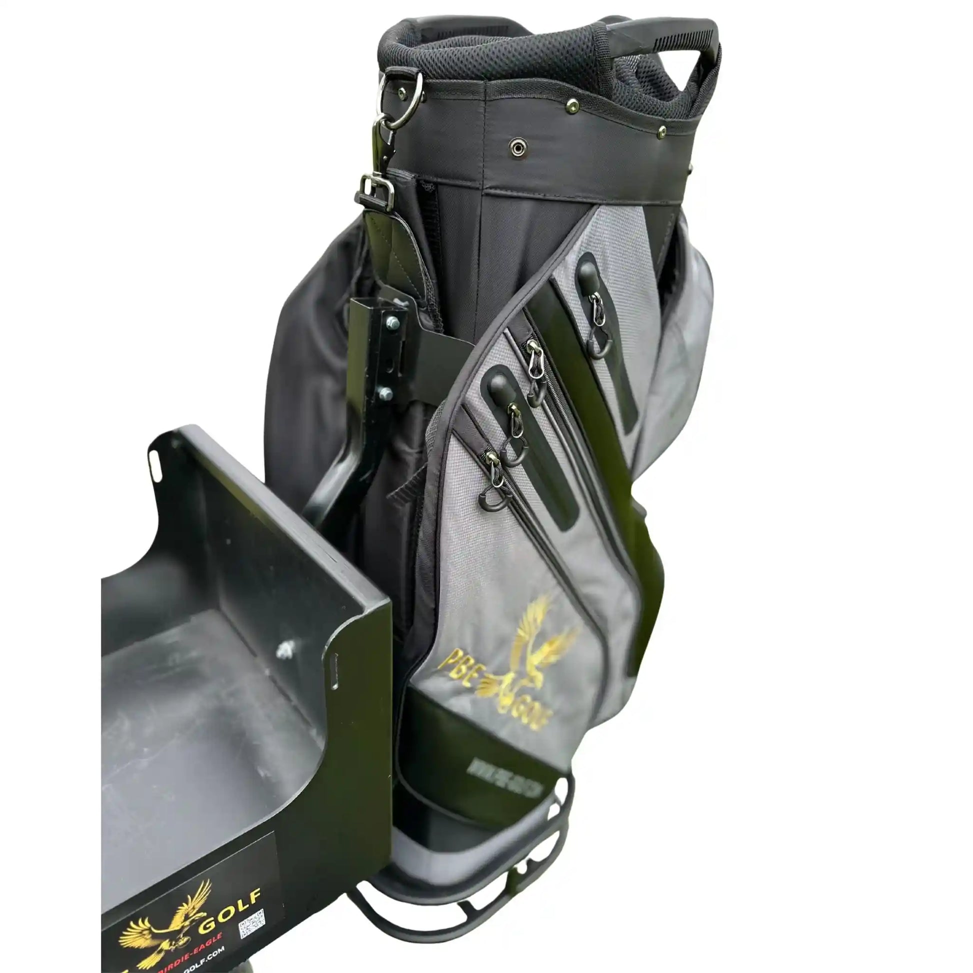 Gray golf bag with a visible brand logo on a white background