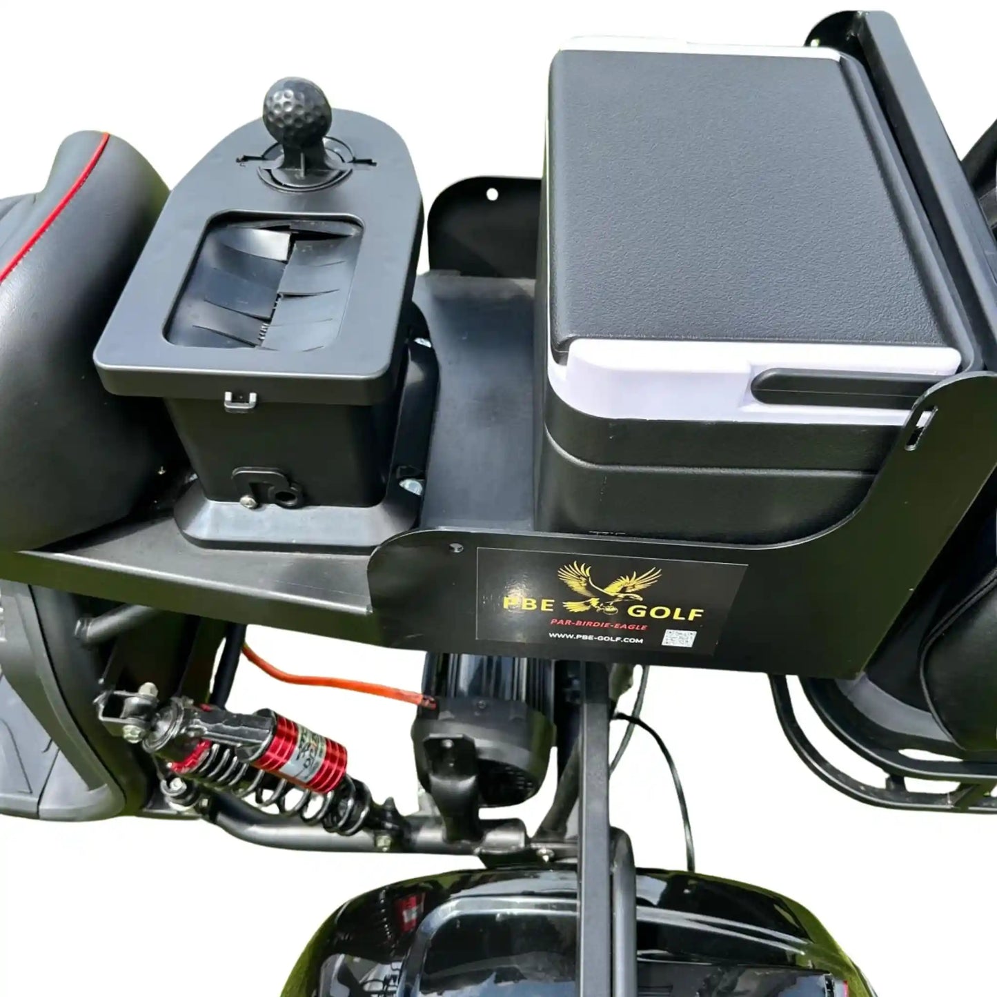 Close-up of a golf cart accessories  with 'PBE Golf' branding.