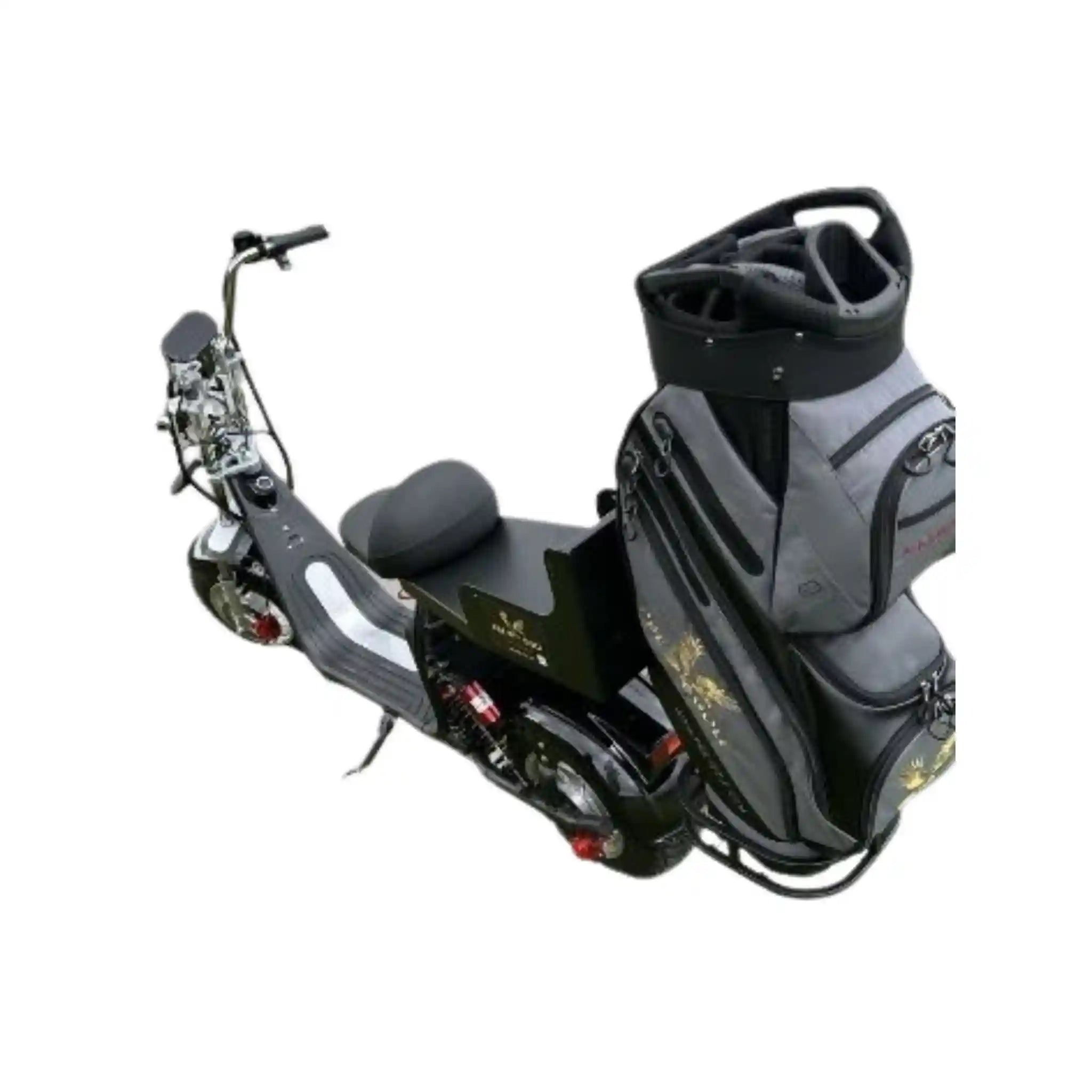 Black scooter with a golf bag attached on a white background