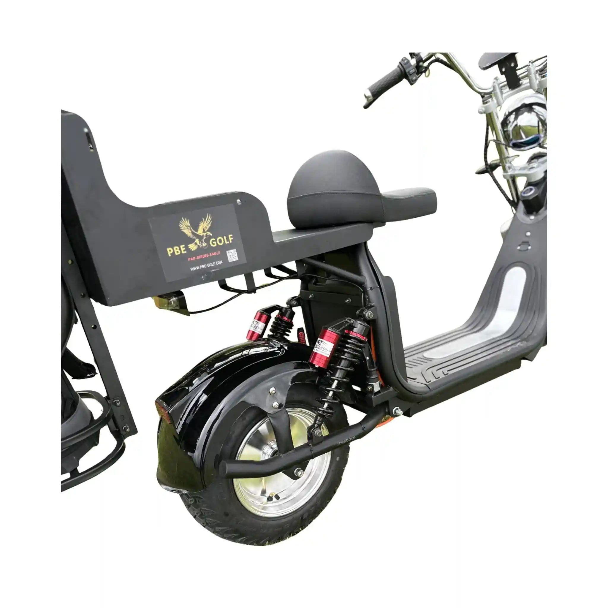 Black electric scooter with visible branding on a white background