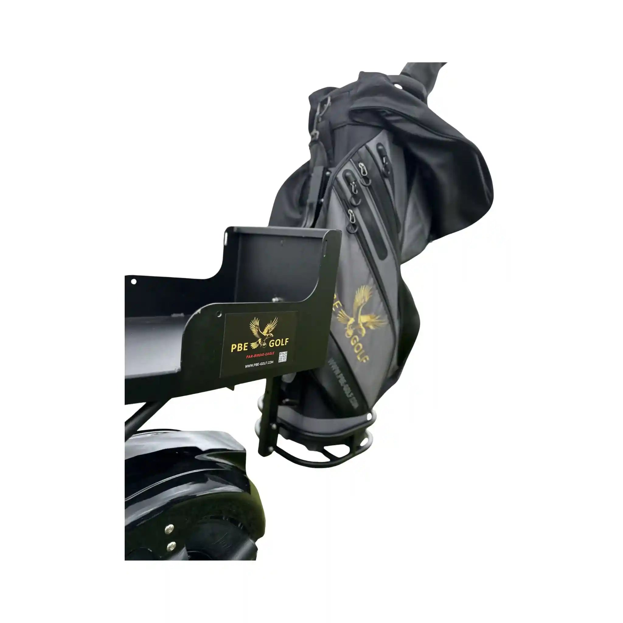 Black golf bag with a stand attached on a white background