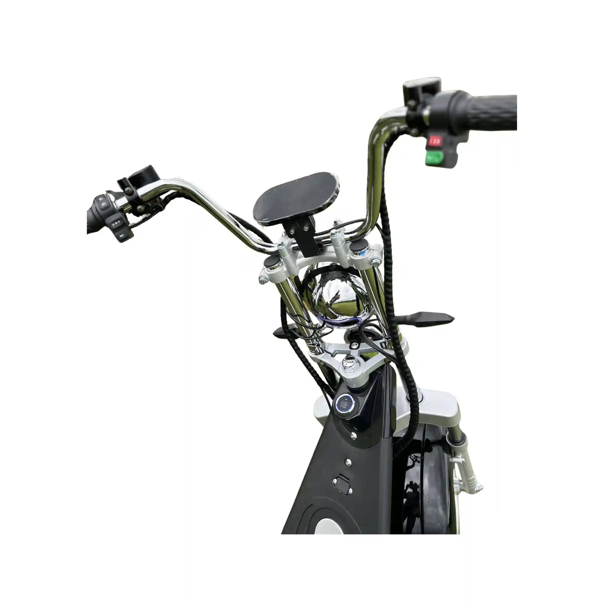 Close-up of a motorcycle handlebar with controls on a white background