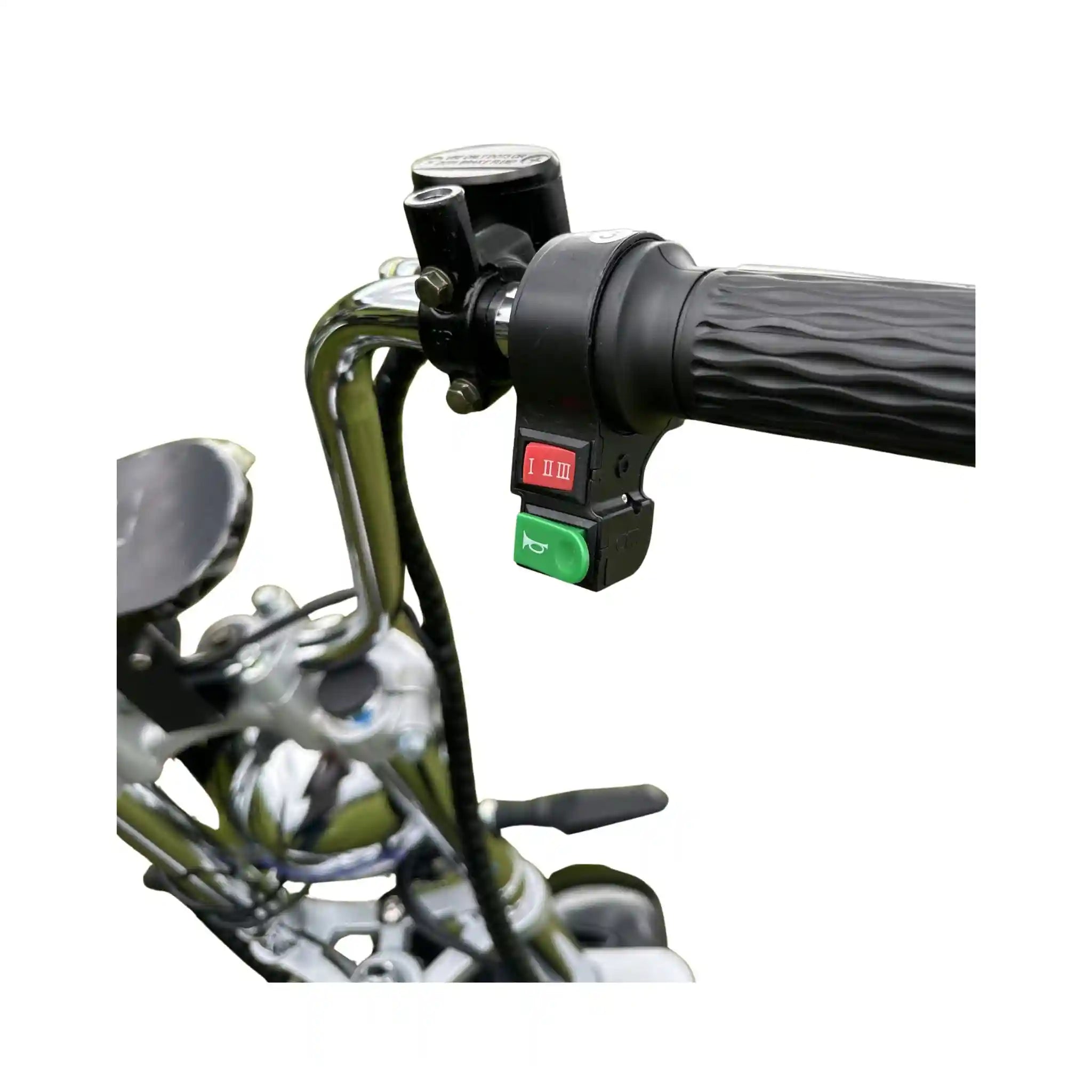 Close-up of a bicycle handlebar with control buttons on a white background
