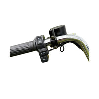 Close-up of a motorcycle handlebar with control buttons and a mirror on a white background