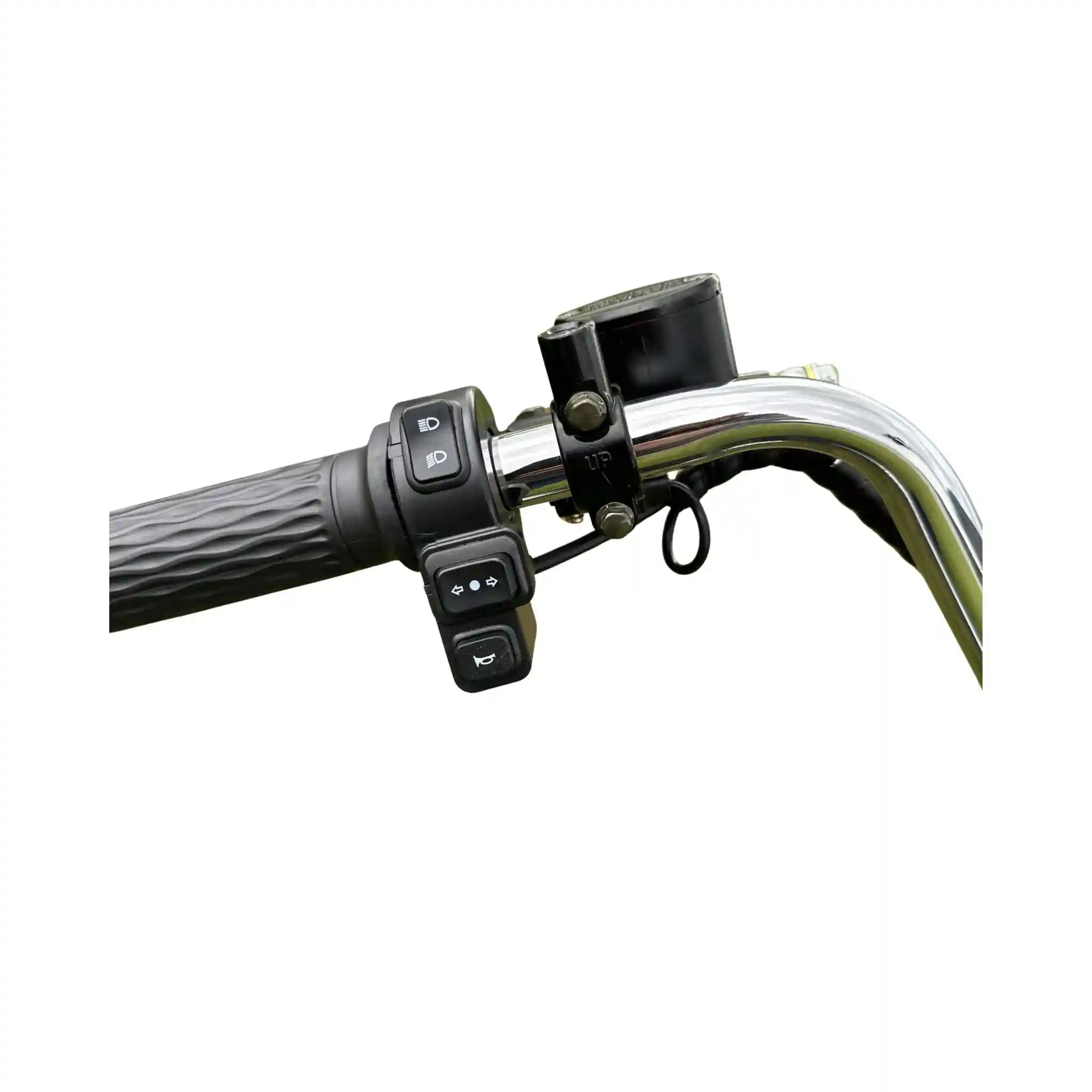 Close-up of a motorcycle handlebar with control buttons and a mirror on a white background