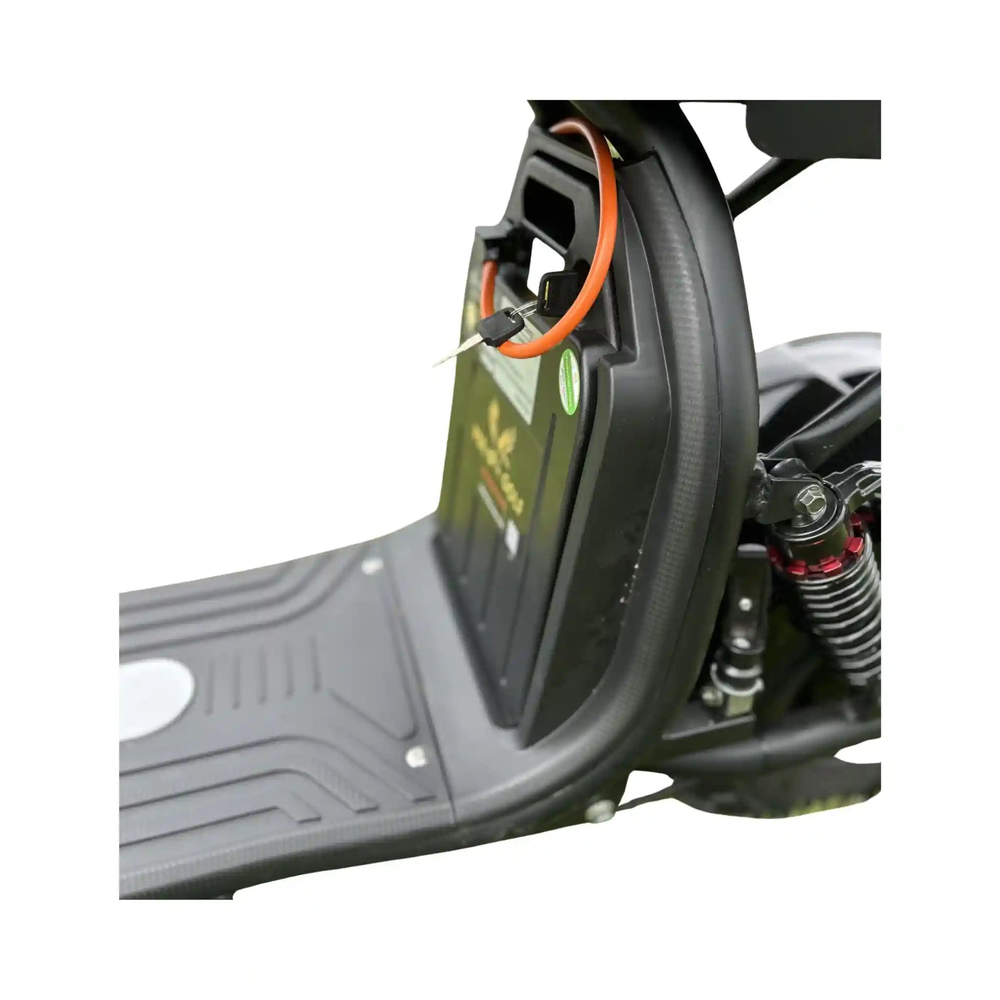 Close-up of a motorcycle seat with branding on a white background