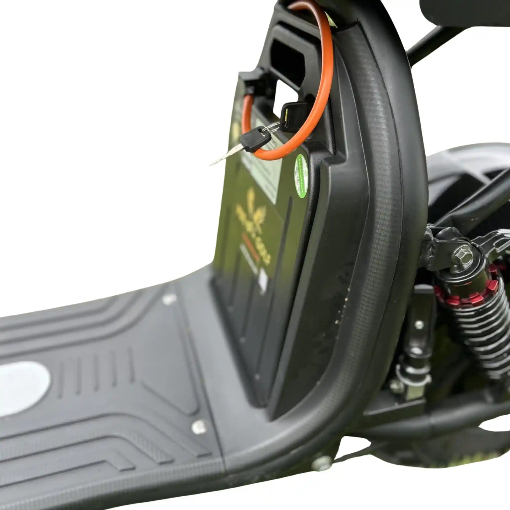 Close-up of a motorcycle lithium battery with visible branding on a white background