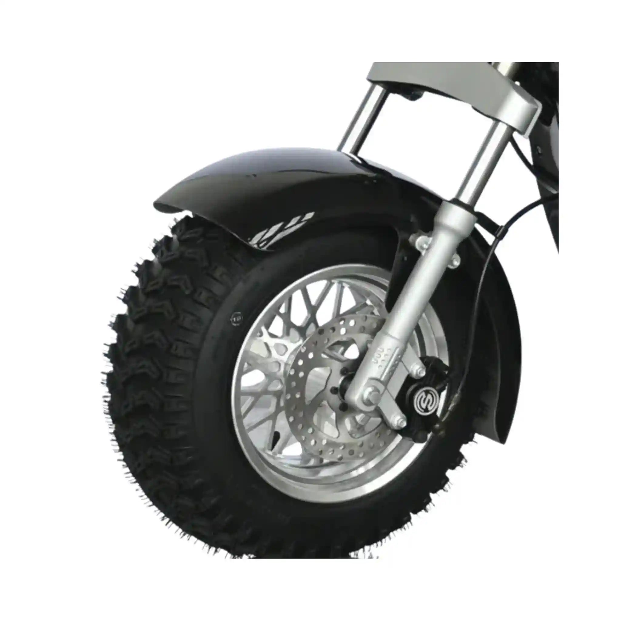 Close-up of a motorcycle wheel with knobby tire on a white background