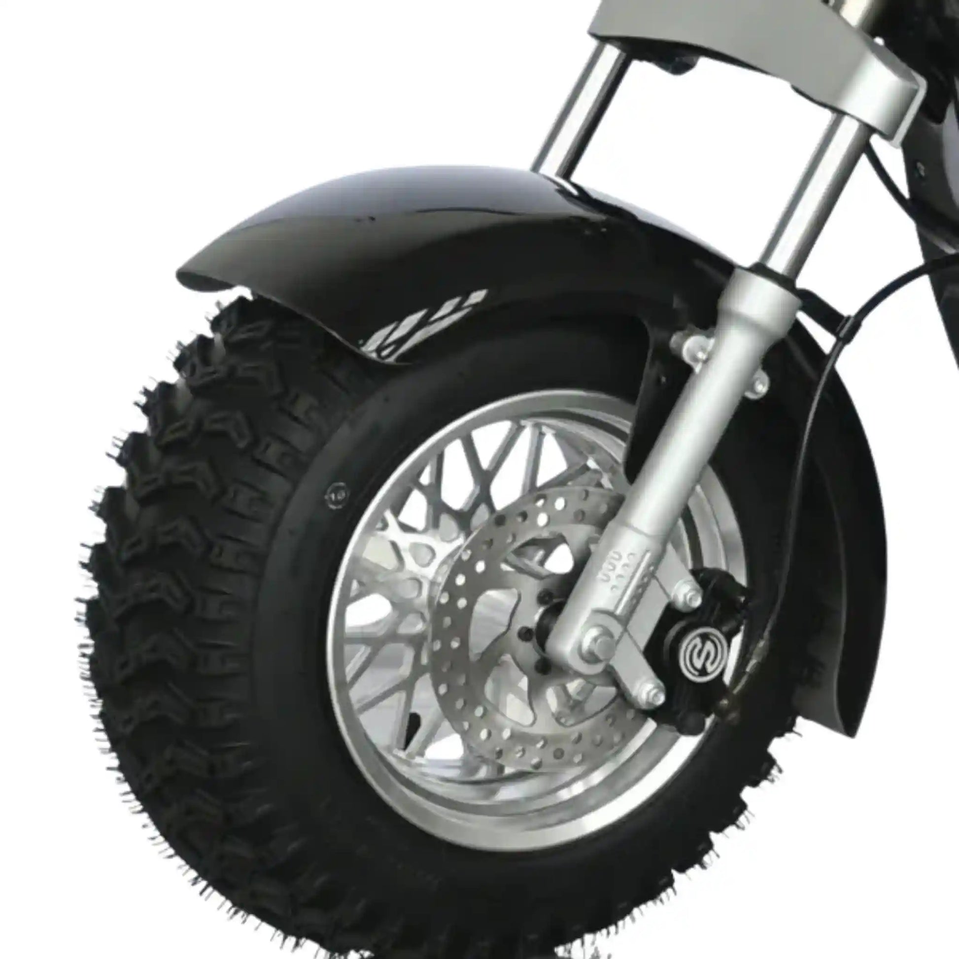 Close-up of a motorcycle wheel with rugged tire on a white background
