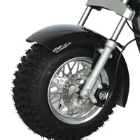 Close-up of a motorcycle wheel with rugged tire on a white background