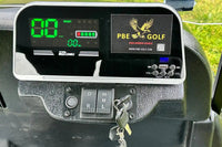 Golf cart dashboard with digital display and PBE Golf logo