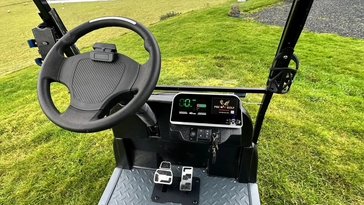 Steering wheel and dashboard of a golf cart on a grassy field